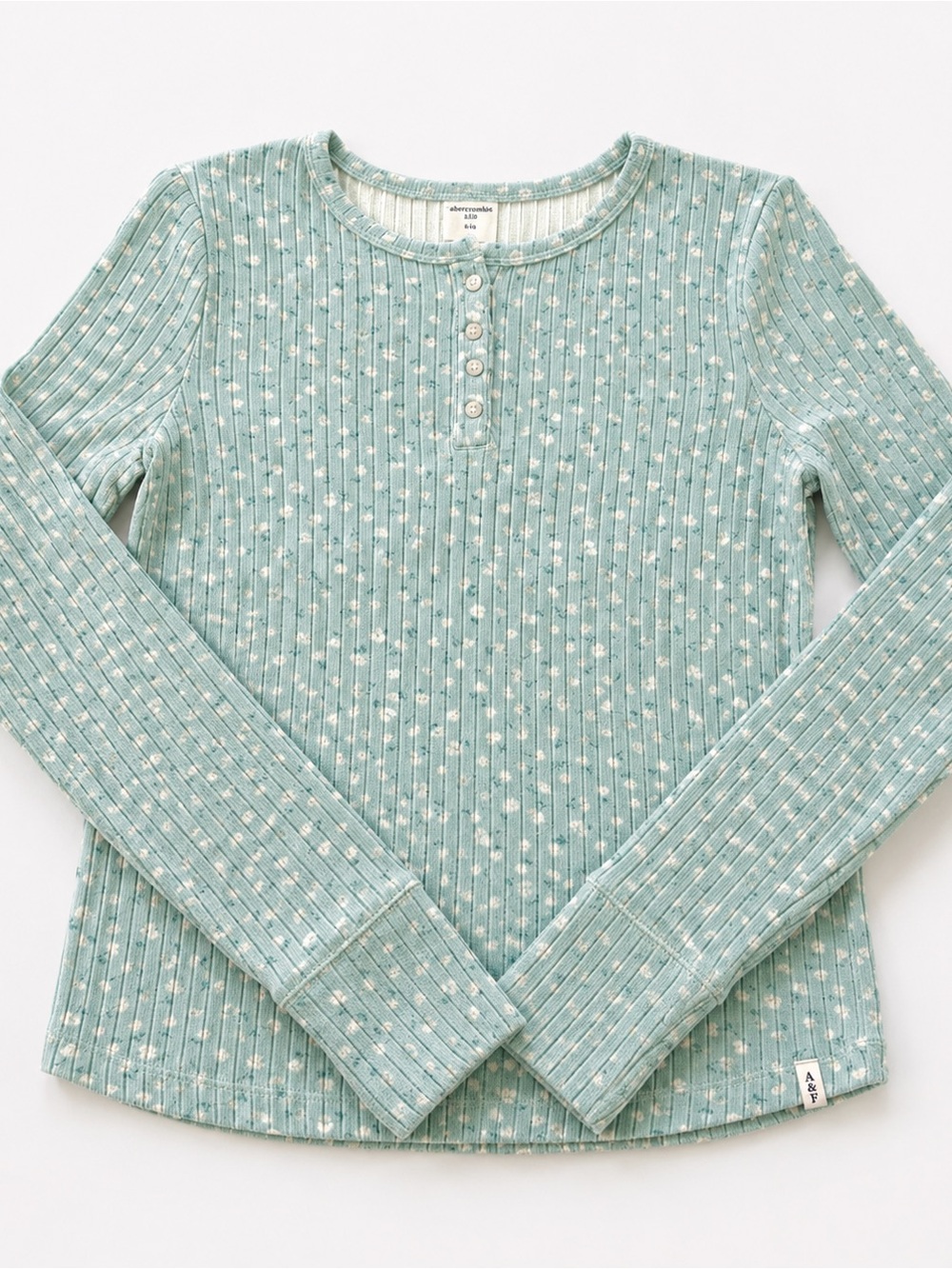 Abercrombie & Fitch Mint Green Ribbed Henley Top with Tiny White Floral Print